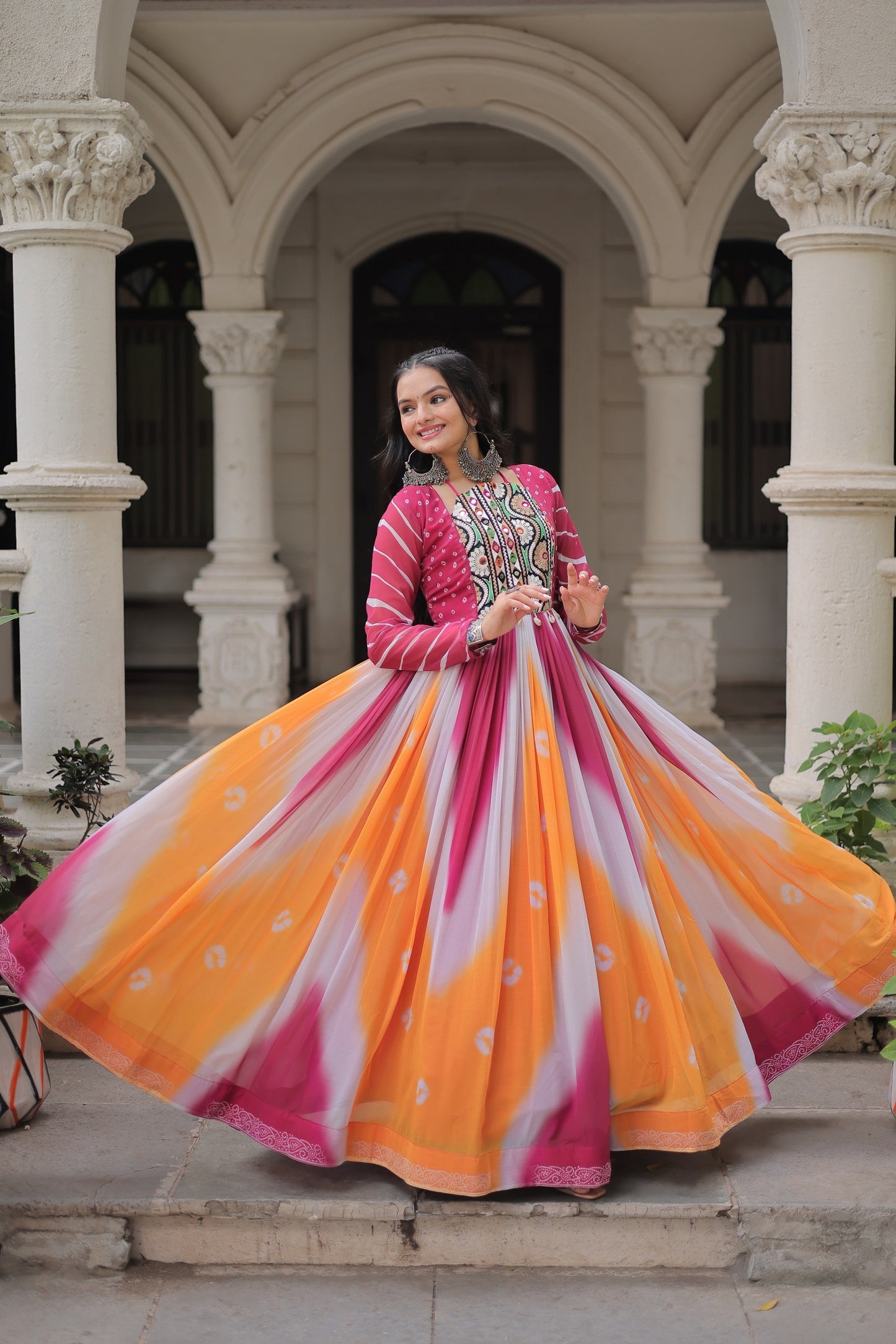 Navratri 2025 Bandhej Print Gown with Gamthi Embroidery & Mirror Work – 3 Colors