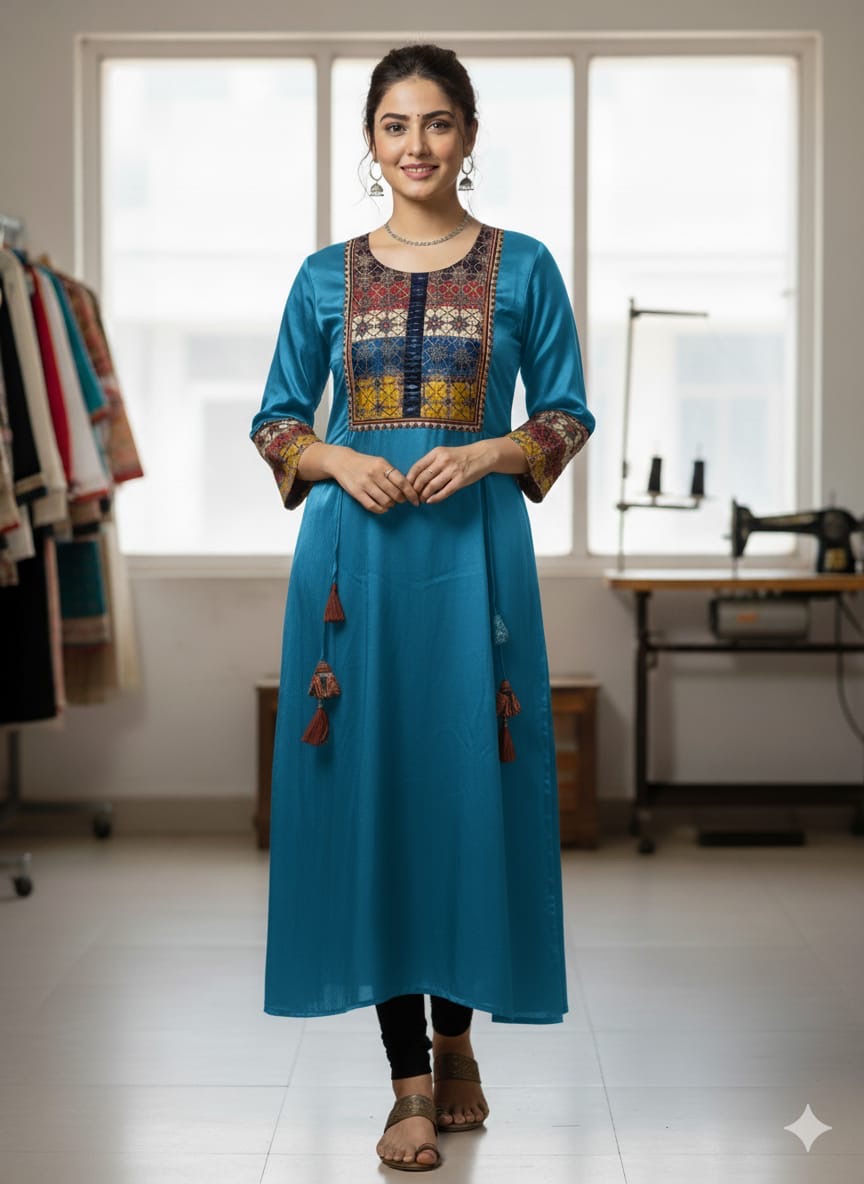 Pure Mushroo Silk Frock with Patch Work Yoke & Hand Mirror Design