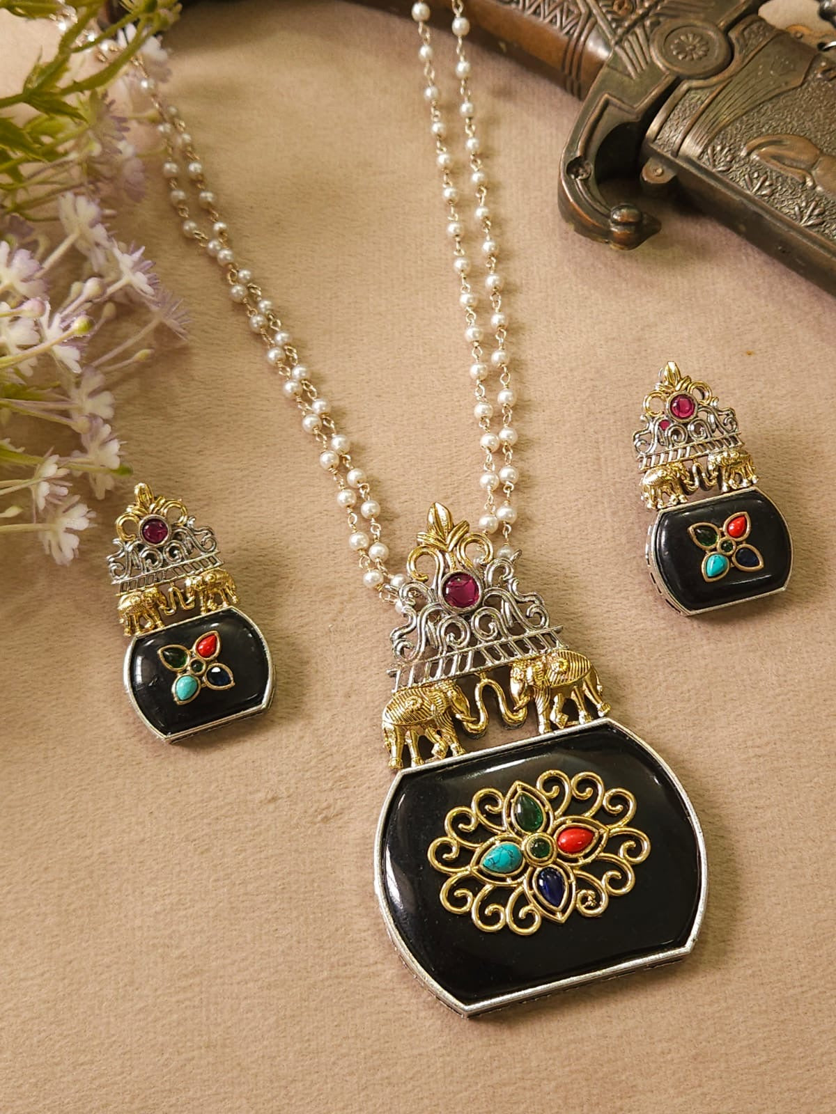 Premium Dual Tone Pearl Mala with Elephant Pendant Set