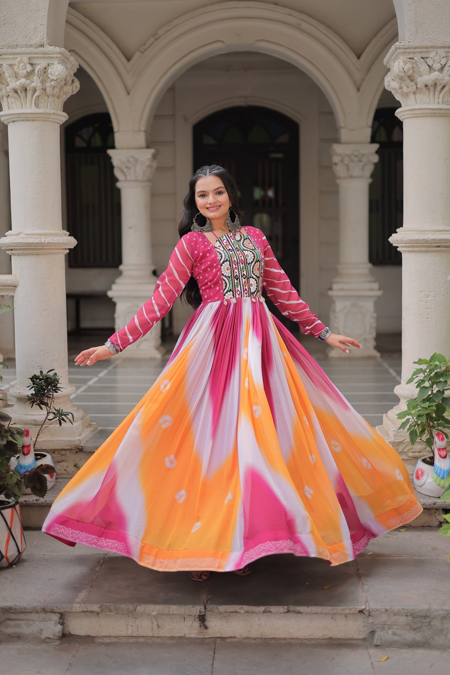 Navratri 2025 Bandhej Print Gown with Gamthi Embroidery & Mirror Work – 3 Colors