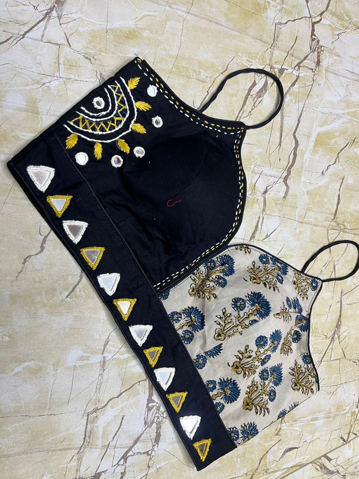 Designer Handwork & Ajrakh Blouses – Spaghetti Dori & Mirror Work