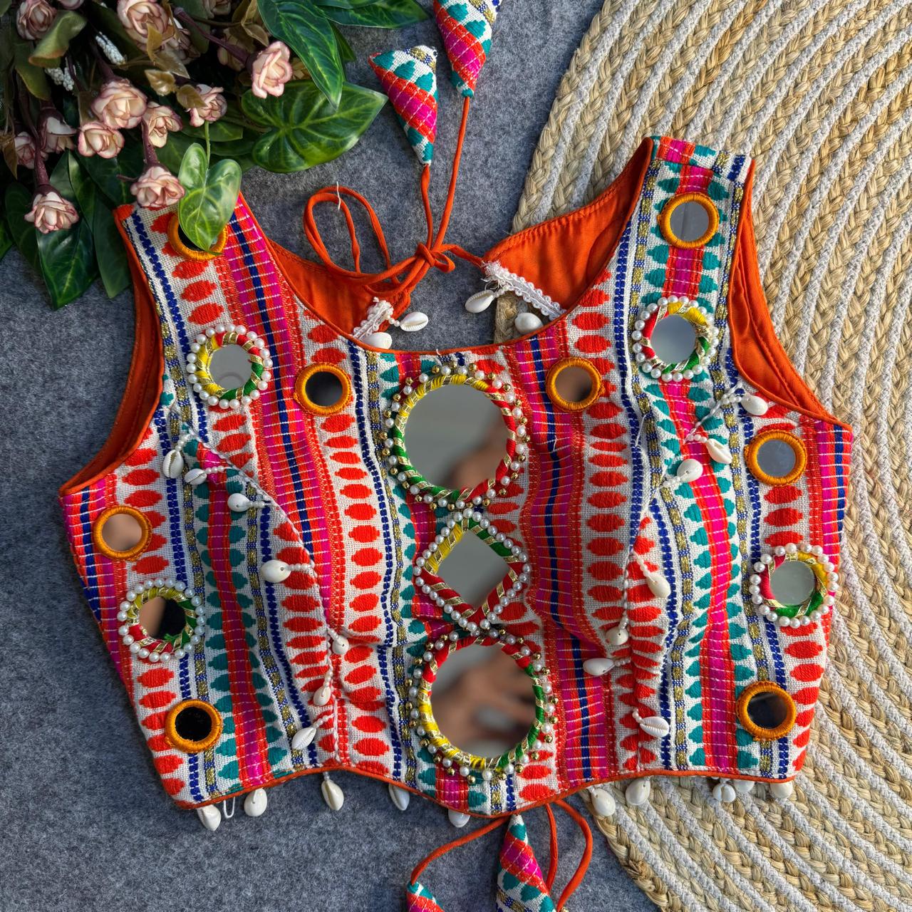 Navratri Special Real Mirror & Shells Work Backless Blouse
