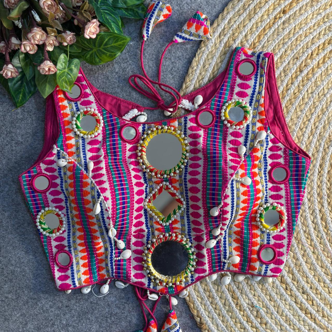 Navratri Special Real Mirror & Shells Work Backless Blouse