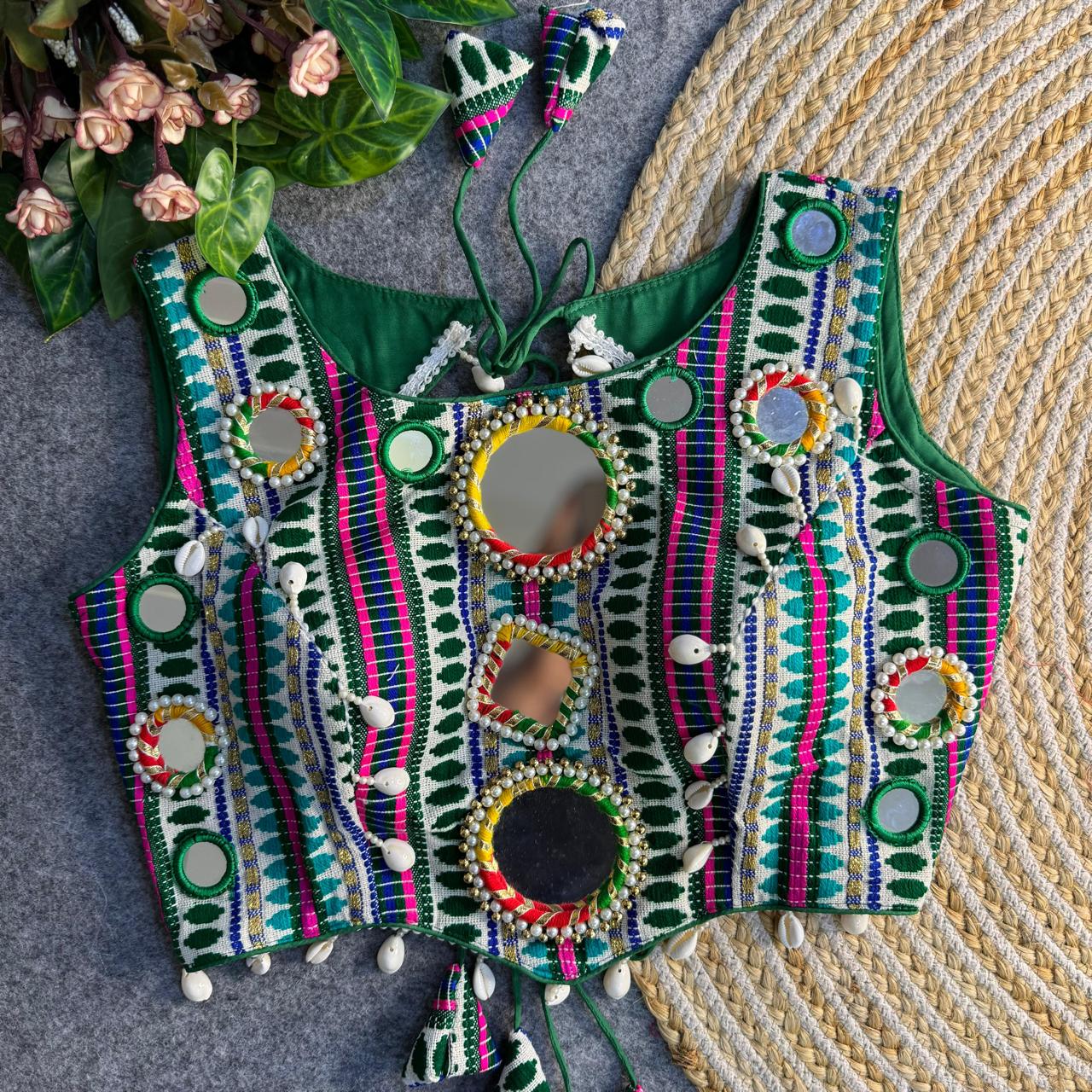 Navratri Special Real Mirror & Shells Work Backless Blouse