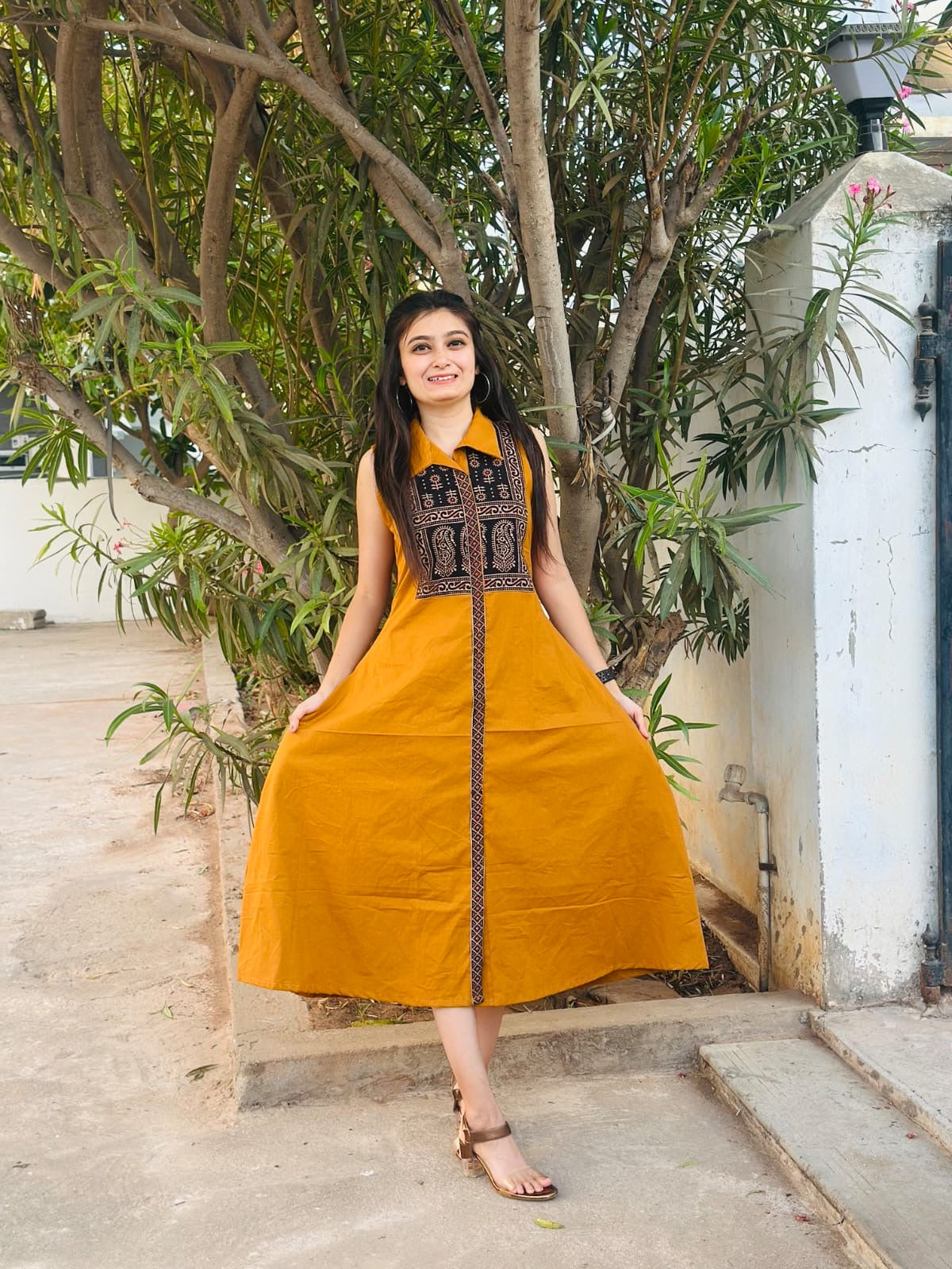 Cotton One-Piece Dress with Ajrakh Yoke | Collar Pattern & Front Slit