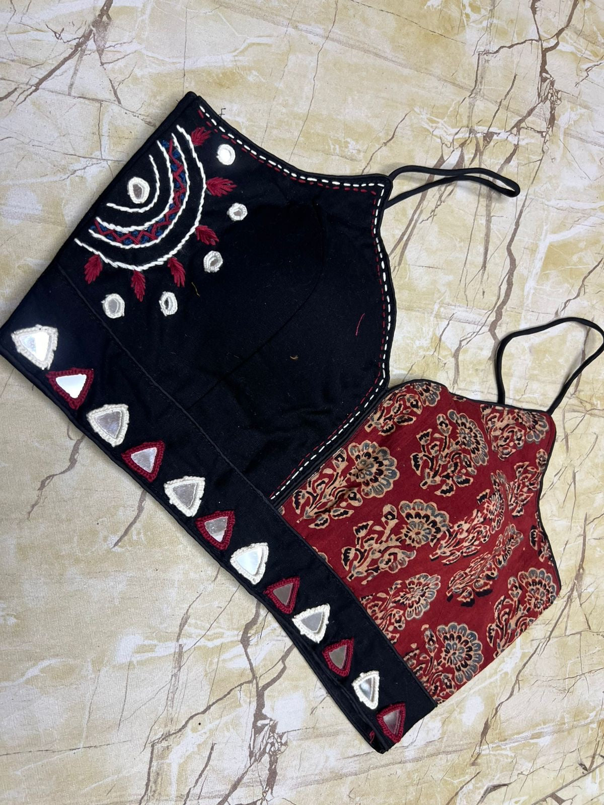 Designer Handwork & Ajrakh Blouses – Spaghetti Dori & Mirror Work