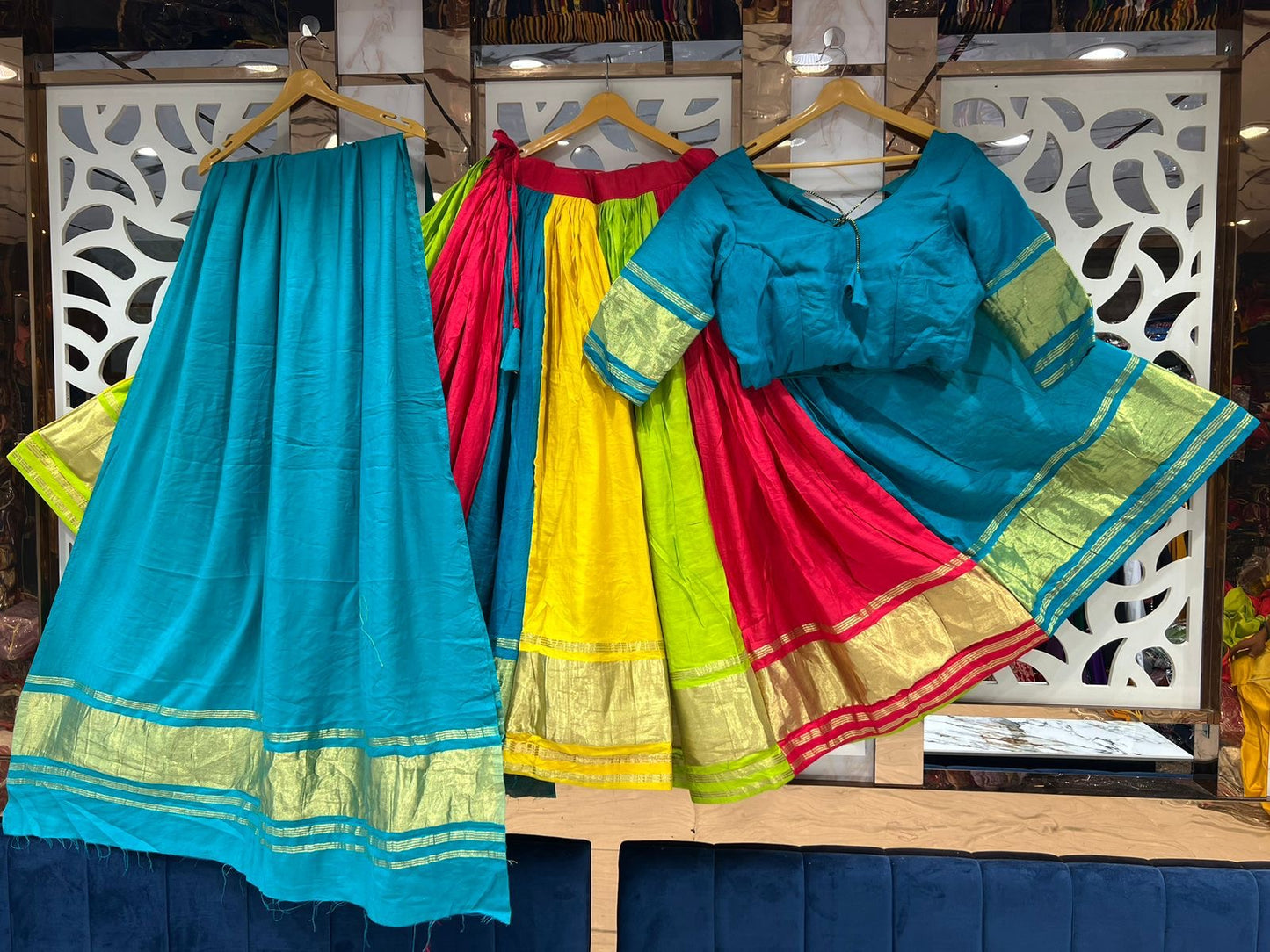 Premium Lagdi Patta Multi Dark Chaniya Choli Set (Semi Gajji, 8 Mtr Flair, Mirror Dupatta)