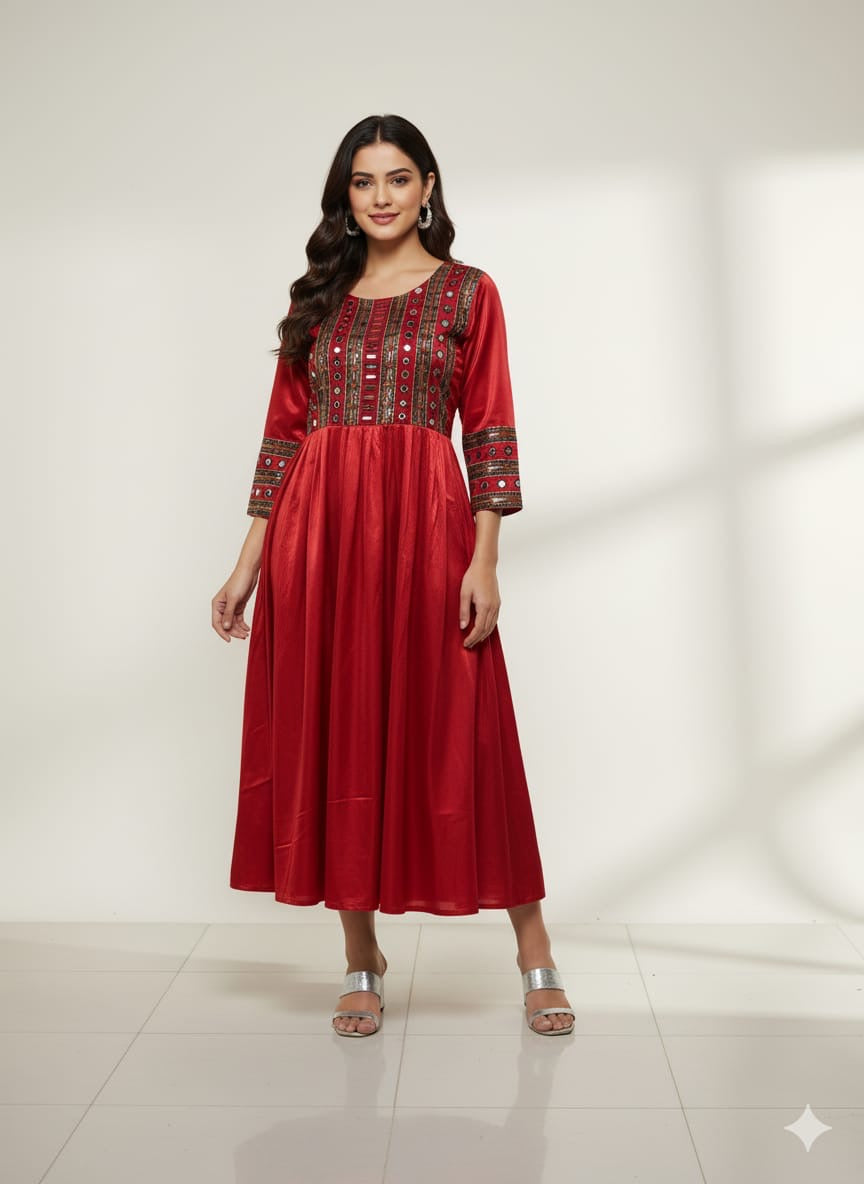 Pure Mushroo Silk Nyra Cut Kurti with Hand Mirror Work