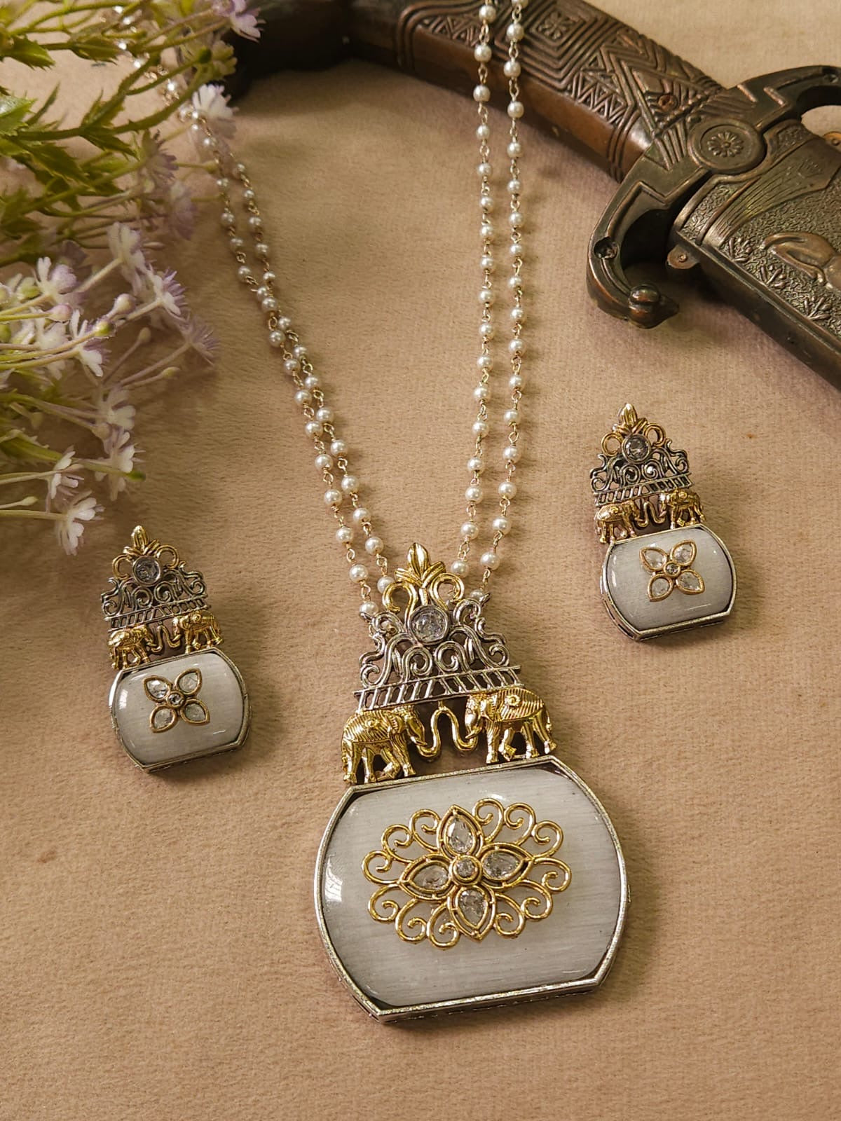 Premium Dual Tone Pearl Mala with Elephant Pendant Set