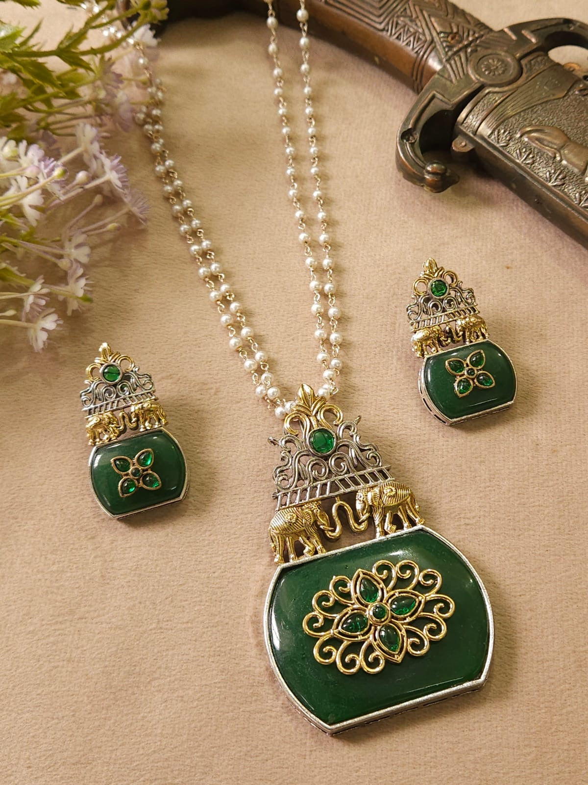 Premium Dual Tone Pearl Mala with Elephant Pendant Set