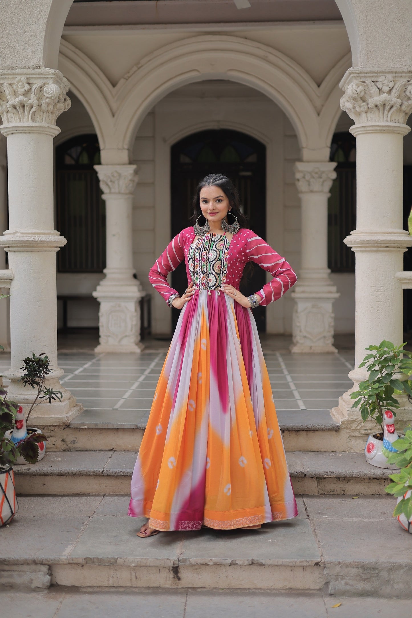 Navratri 2025 Bandhej Print Gown with Gamthi Embroidery & Mirror Work – 3 Colors