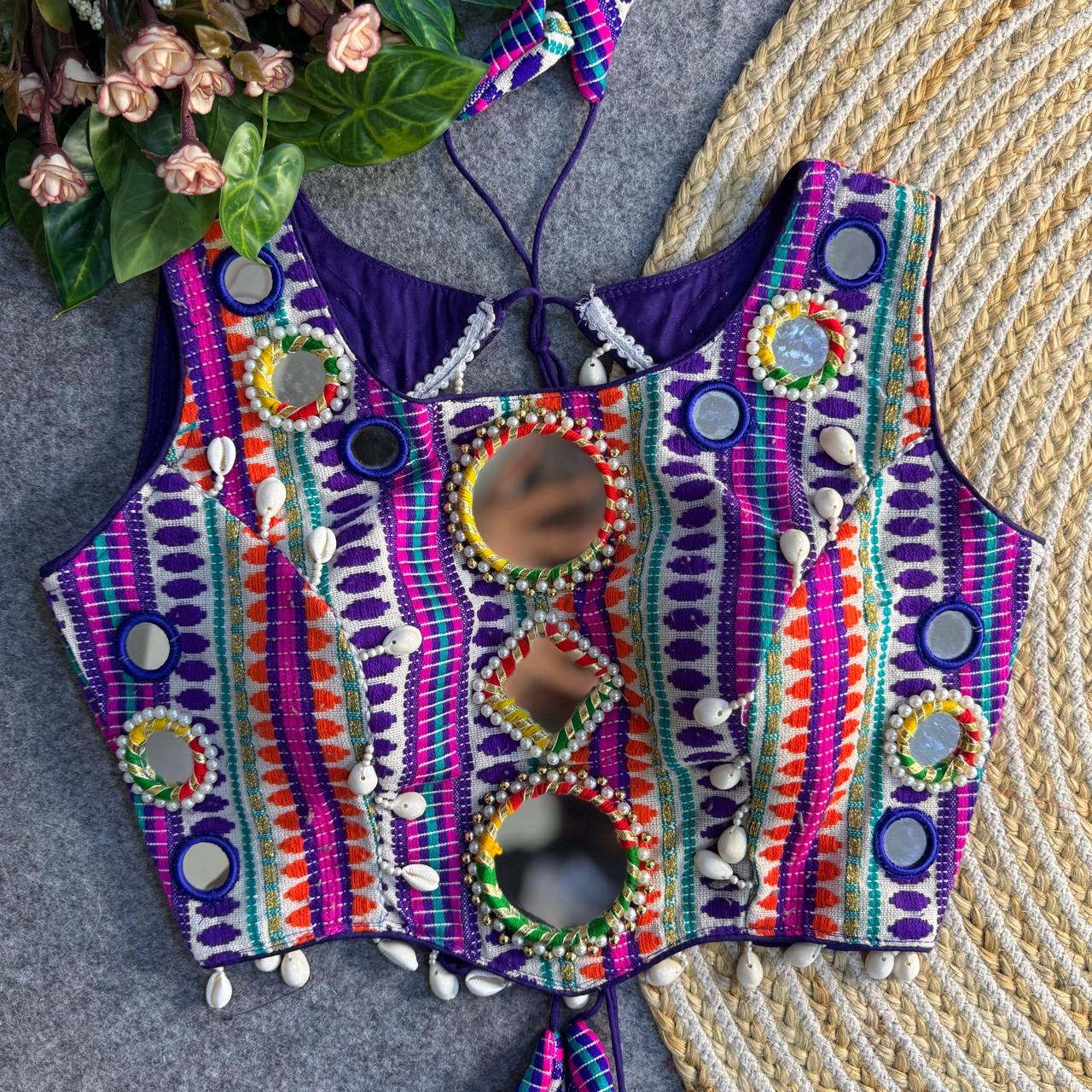 Navratri Special Real Mirror & Shells Work Backless Blouse