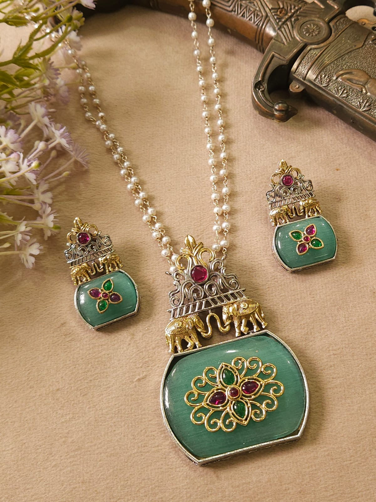 Premium Dual Tone Pearl Mala with Elephant Pendant Set