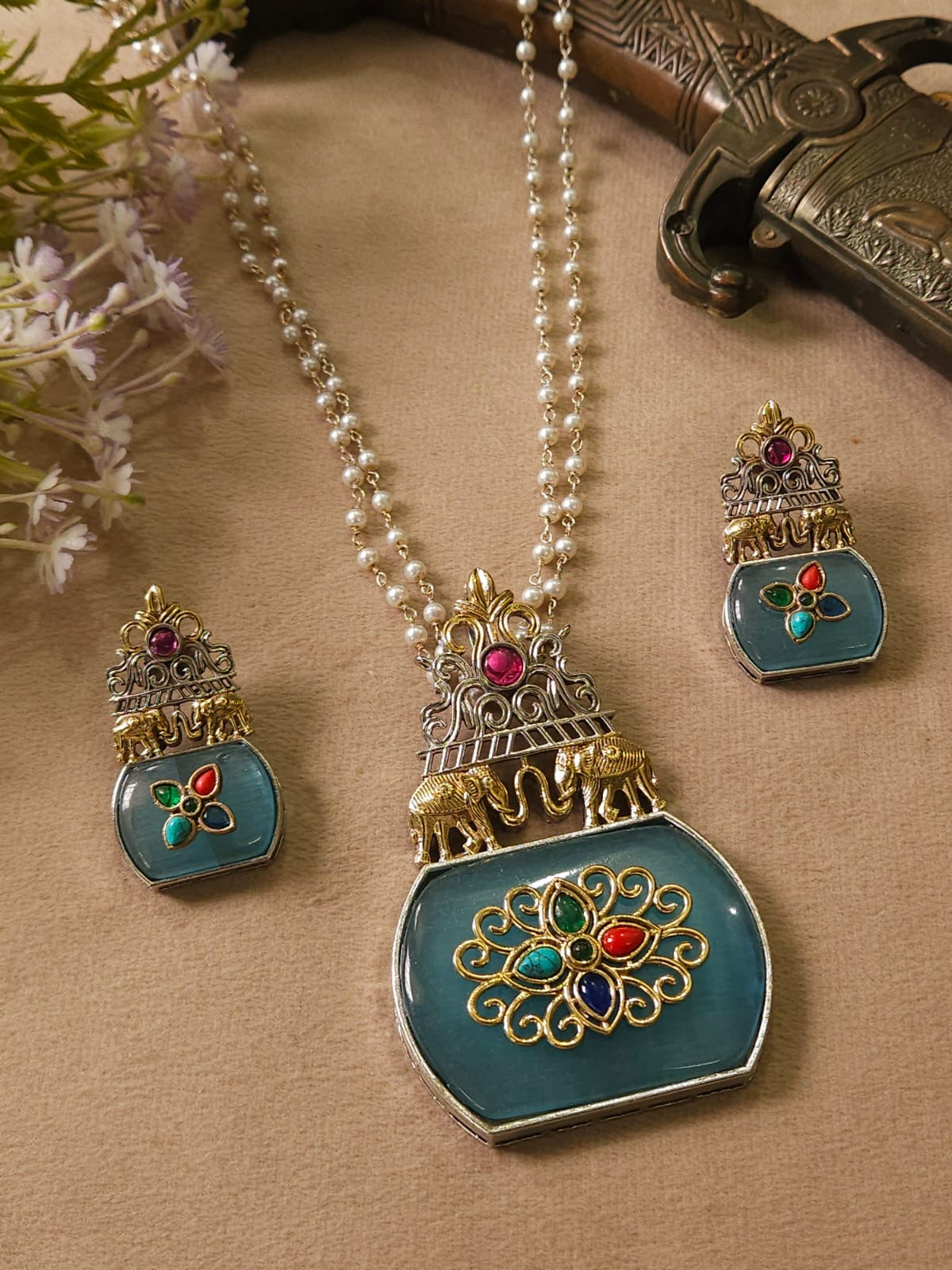 Premium Dual Tone Pearl Mala with Elephant Pendant Set