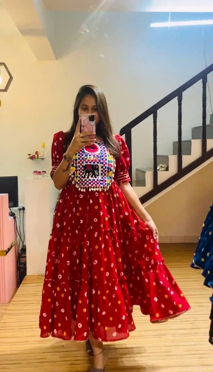 ✨ Elegant Chent Crepe Gown with Heavy Gamthi & Real Mirror Work | 6.5 Meter Flair | Fully Stitched