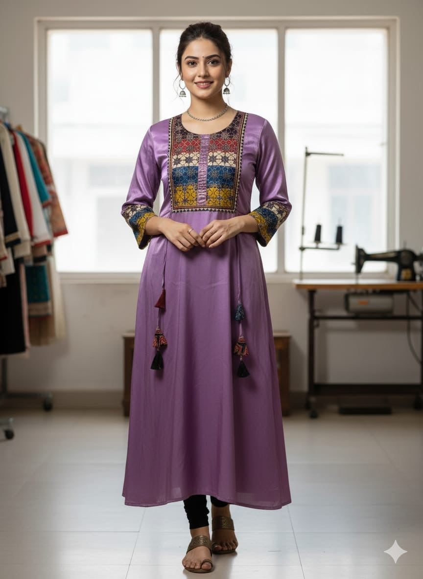 Pure Mushroo Silk Frock with Patch Work Yoke & Hand Mirror Design