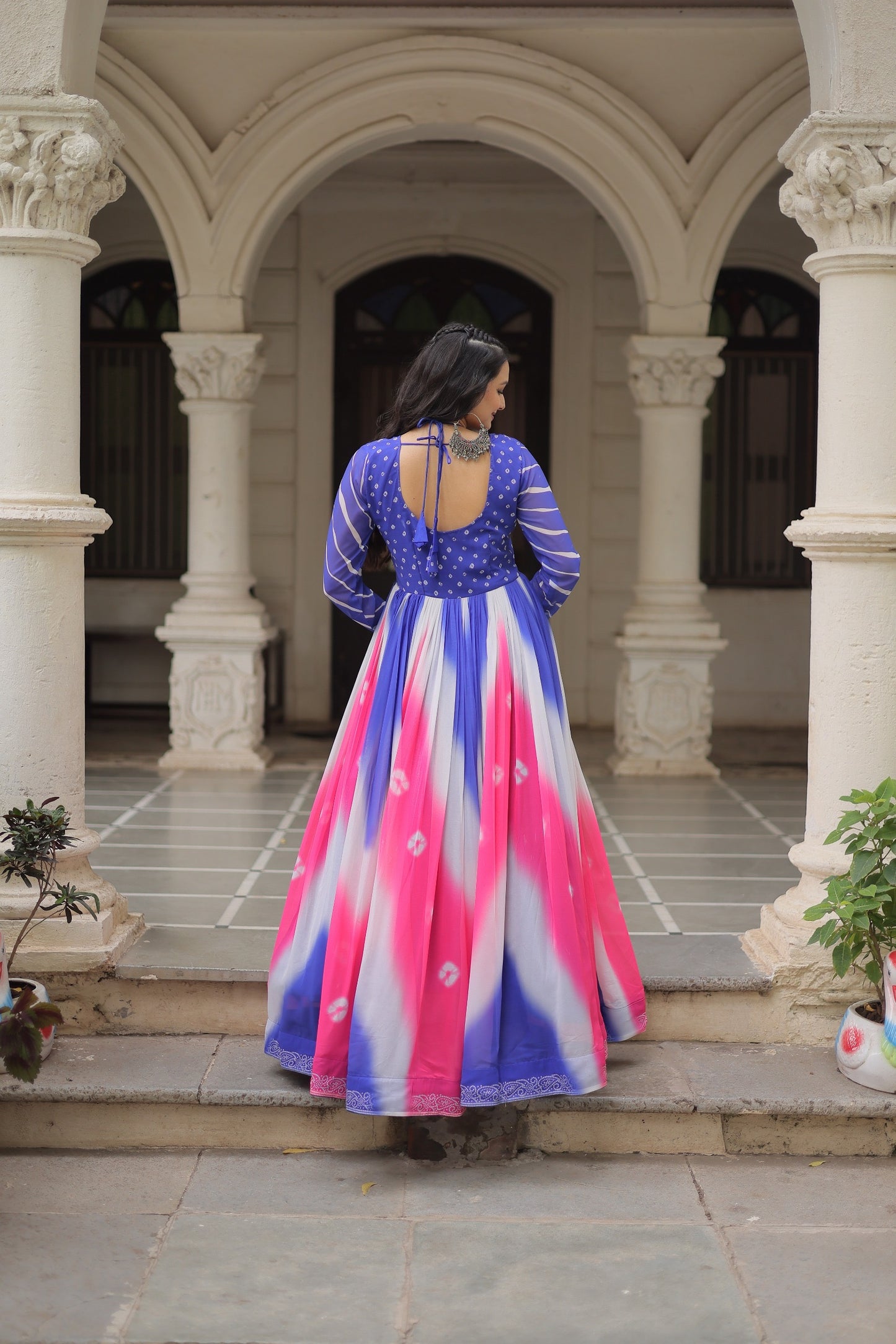 Navratri 2025 Bandhej Print Gown with Gamthi Embroidery & Mirror Work – 3 Colors