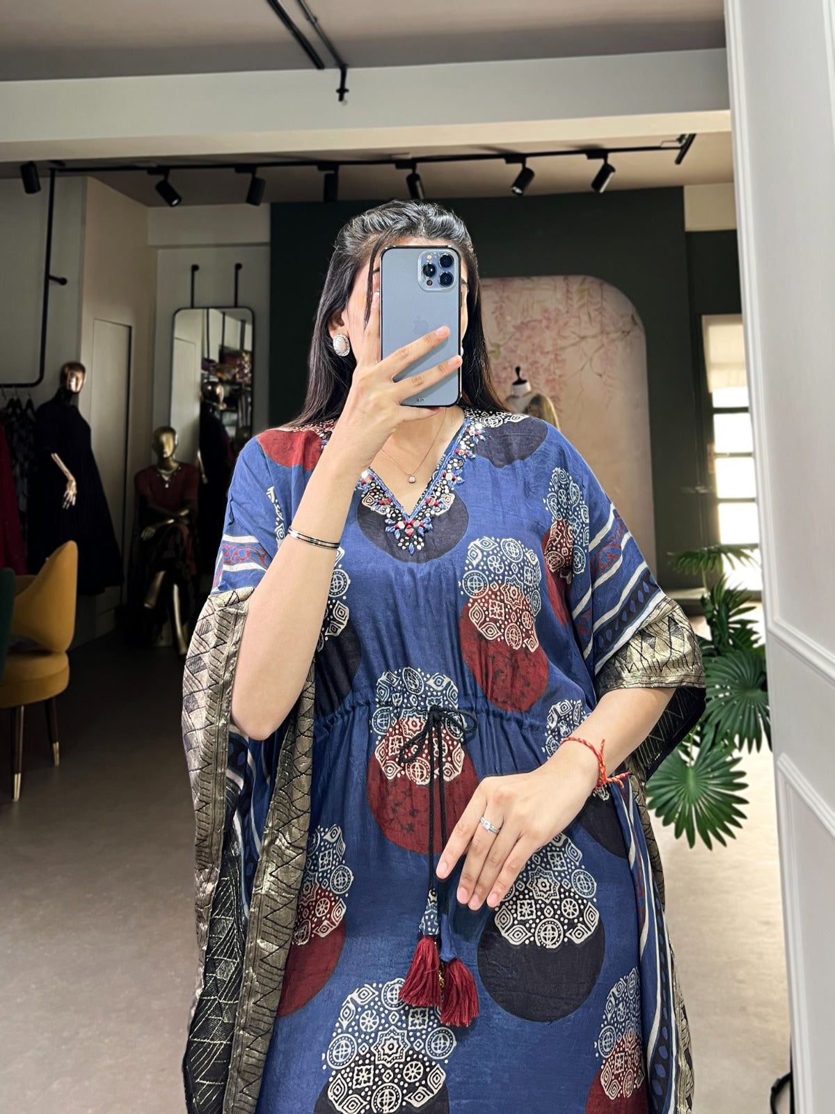 Premium Designer Viscose Kaftan – Festive Print with Golden Jhari Detailing