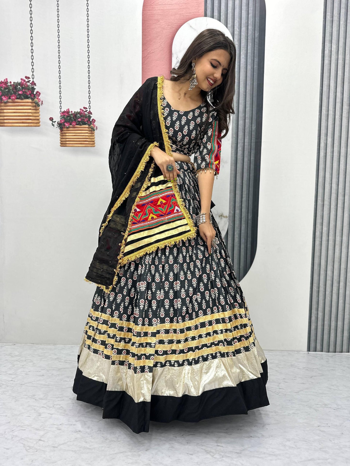 Navratri Special Lehenga Choli Set with 6 Meter Flair & Dupatta | Gamathi Work & Lumpi Lace Border