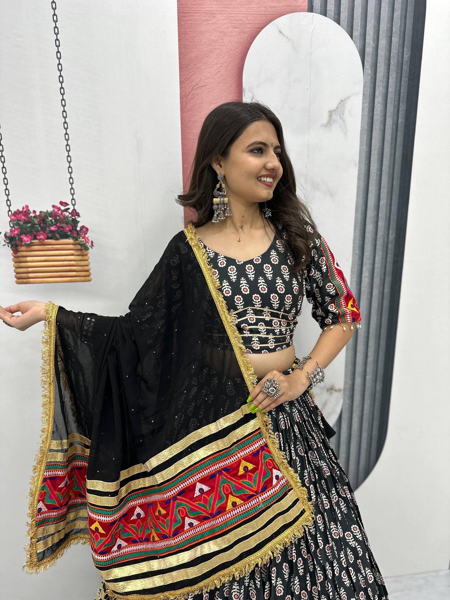 Navratri Special Lehenga Choli Set with 6 Meter Flair & Dupatta | Gamathi Work & Lumpi Lace Border