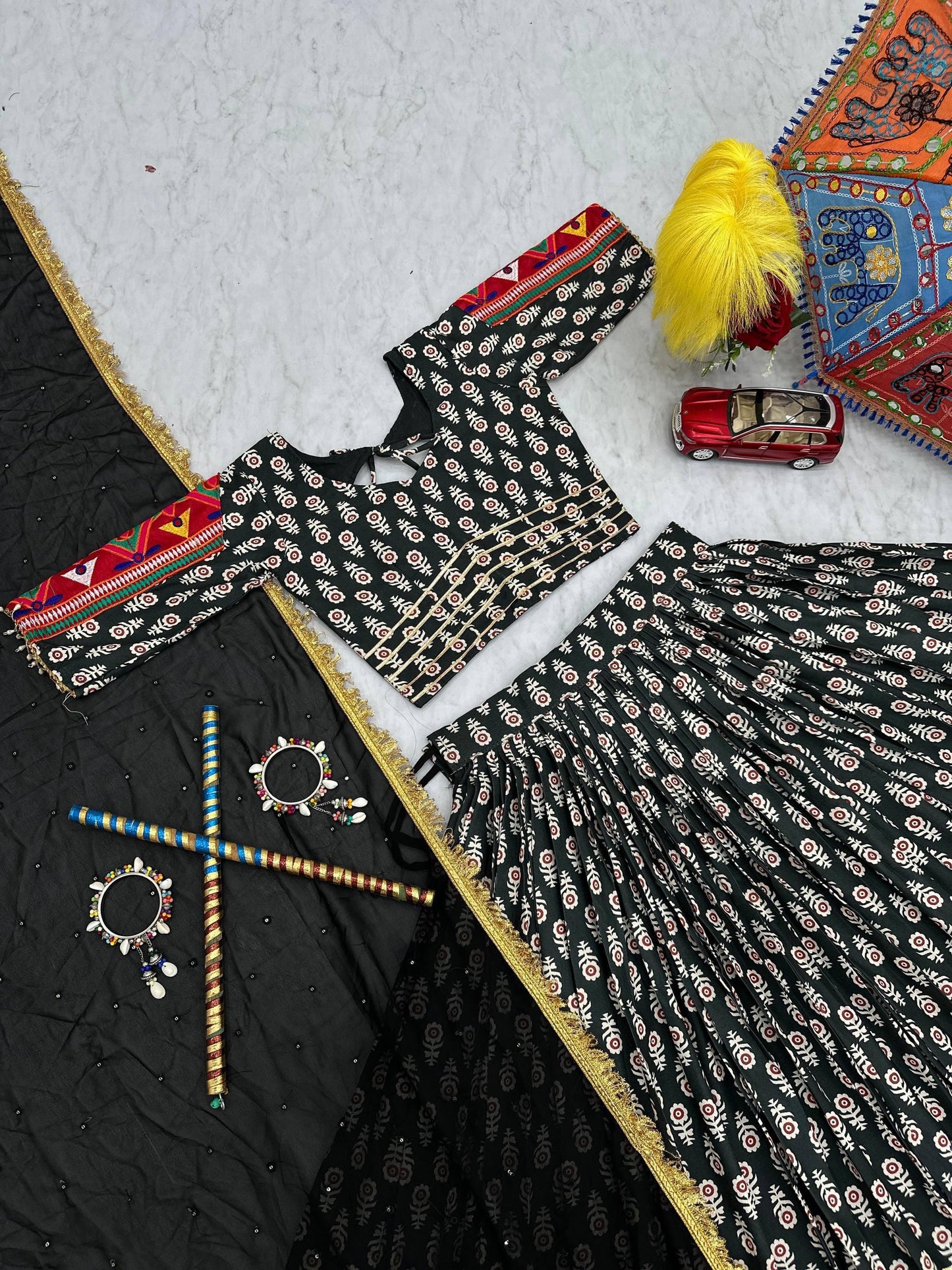 Navratri Special Lehenga Choli Set with 6 Meter Flair & Dupatta | Gamathi Work & Lumpi Lace Border