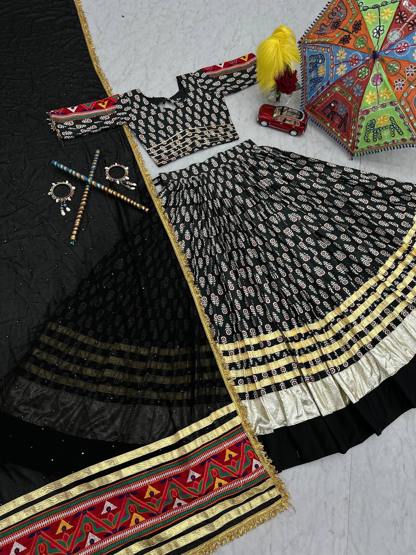 Navratri Special Lehenga Choli Set with 6 Meter Flair & Dupatta | Gamathi Work & Lumpi Lace Border